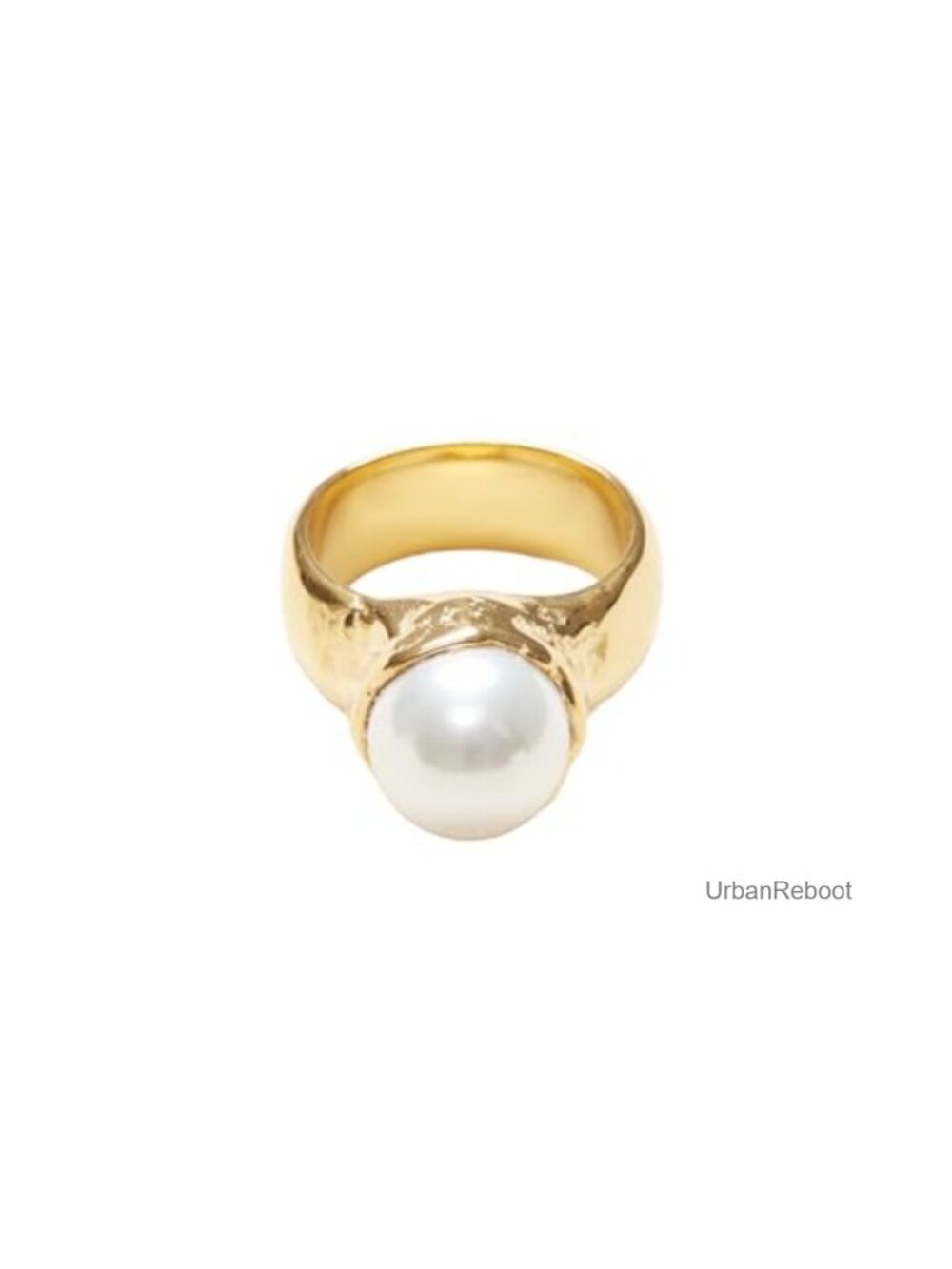 18K Gold Plated Titanium Signet Ring Faux Pearl Stacking Minimalist Band